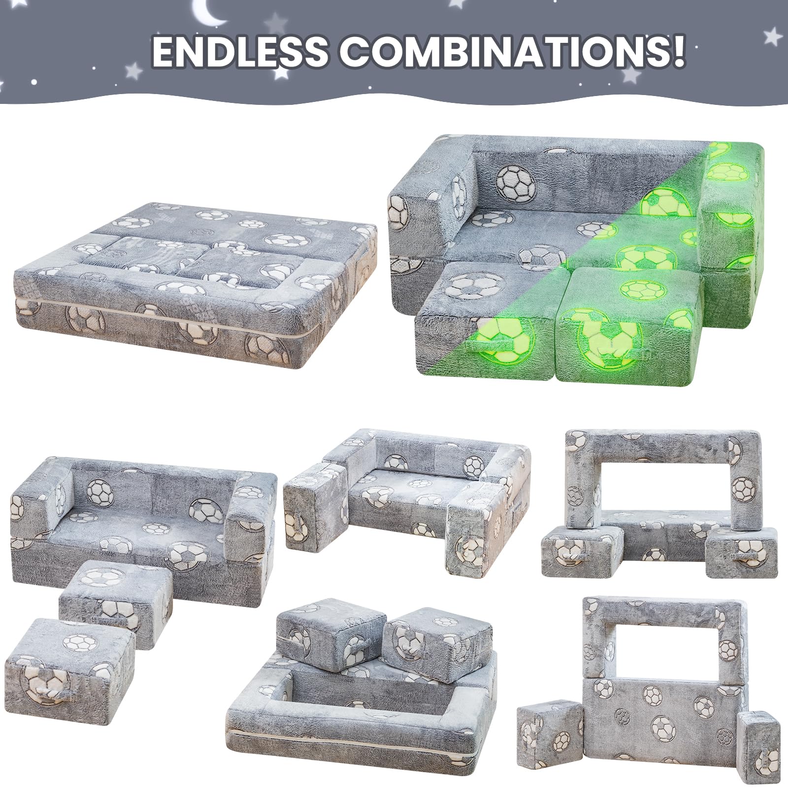 Glow in The Dark Toddler Play Couch - Convertible Fold Out Kids Sofa with Foam Floor Cushion for Playroom & Bedroom (Grey+Football Design) - Perfect for Sleepovers, Movie Nights & Indoor Playtime