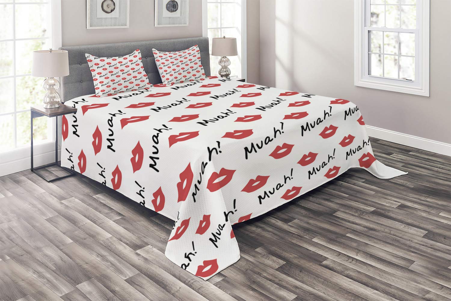 Ambesonne King Size 3-Piece Quilted Bedspread Set - Red Lips Kiss Marks Romantic Design with 2 Pillow Shams | Valentine's Day Gift, Feminine Bedroom Decor | Perfect for Master Bedroom, Guest Room & Romantic Getaways (Vermilion & White)