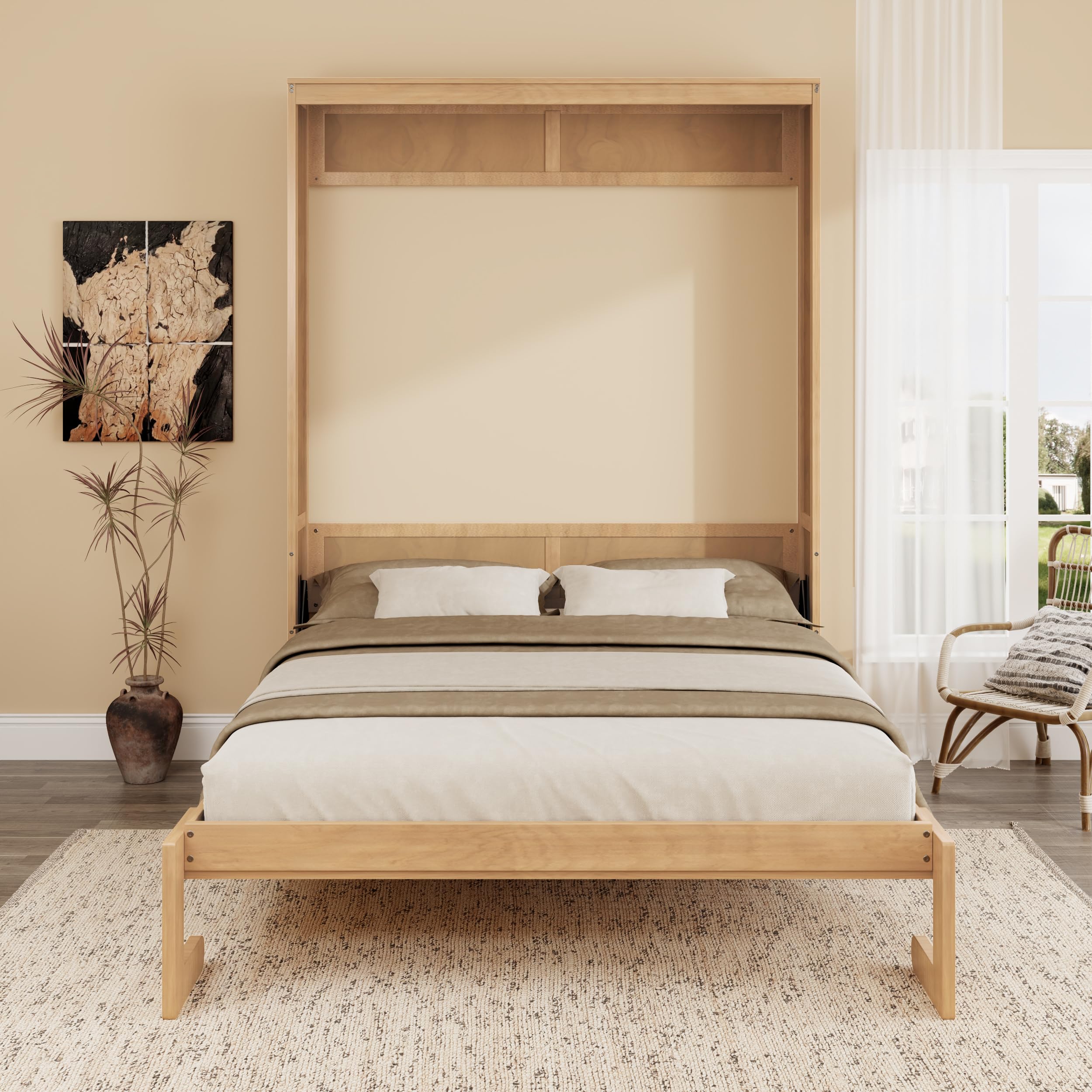 HABITRIO Full Size Murphy Bed with Solid Wood Frame and Rattan Cabinet - Space Saving Wall Bed for Guest Room, Home Office, or Small Apartments - Natural Finish