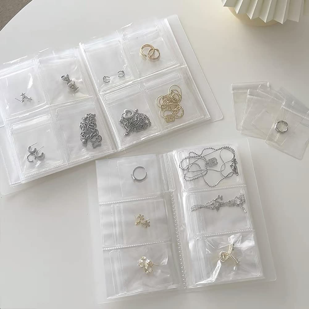 HOMU Clear Jewelry Organizer Book - Transparent Jewelry Storage Album for Earrings, Rings, Necklaces & Bracelets - 60 Seal Bags for Travel, Home & Retail Display