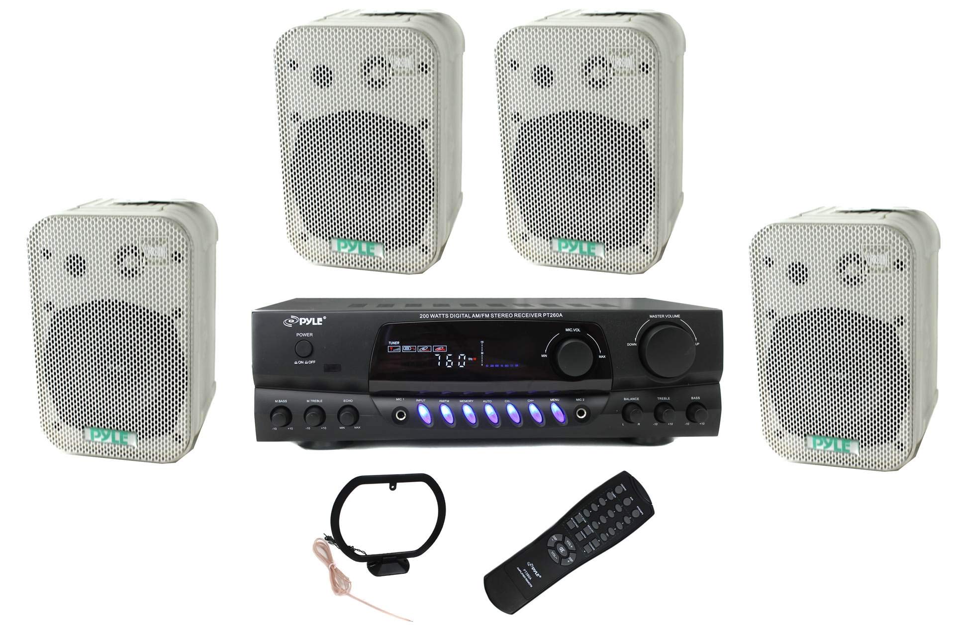 Pyle PDWR40W 5.25 Inch White Waterproof Indoor Outdoor Speakers (4 Pack) & PT260A 200W Digital AM/FM Stereo Receiver - Perfect for Home Theater, Patio, Pool Area and Backyard Entertainment System