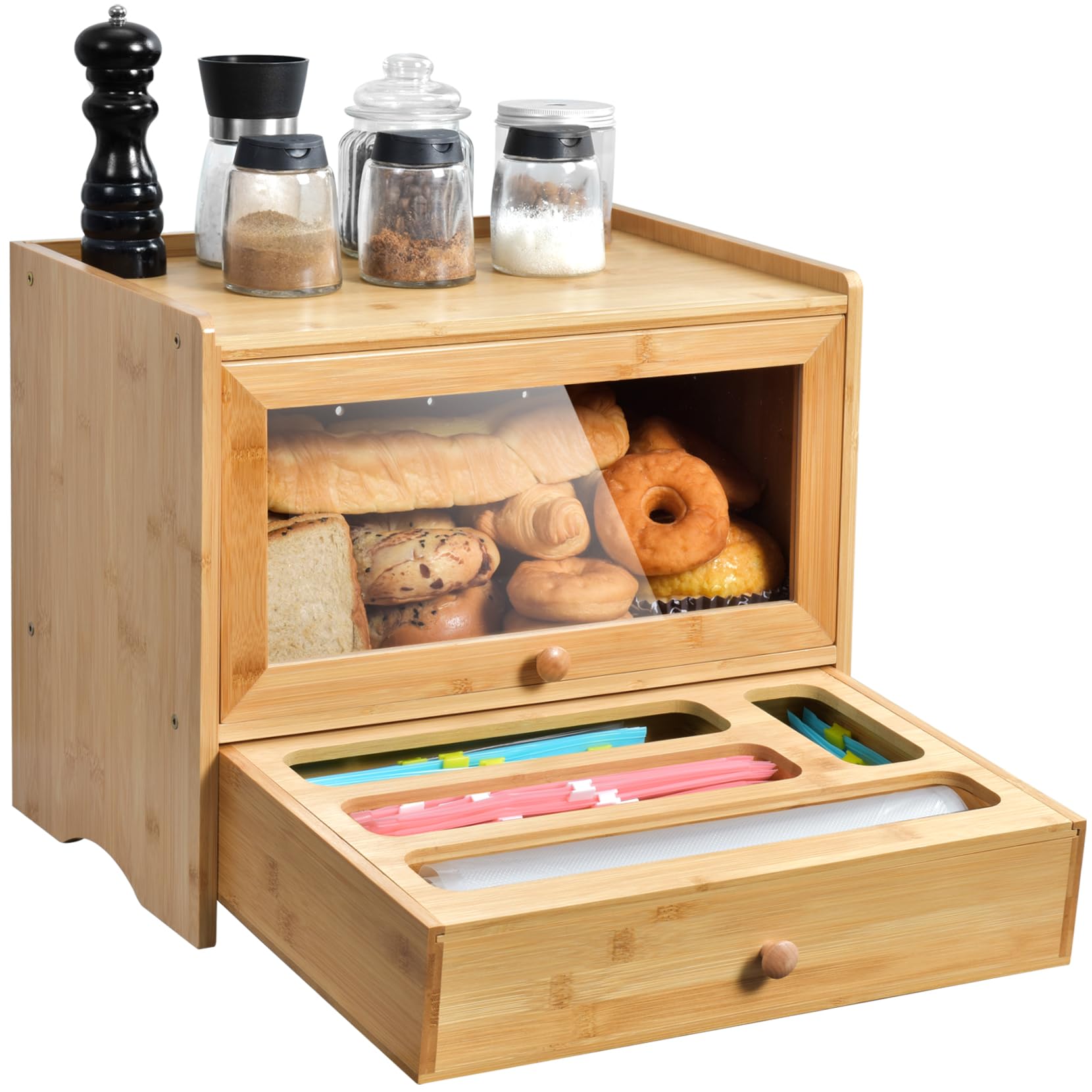 Bamboo Bread Storage Box with Window & Zip Baggie Organizer - Kitchen Countertop Corner Bread Keeper for Homemade Bread, Drawer & Pantry Organization - Perfect for Fresh Bread Storage & Kitchen Counter Space Saving
