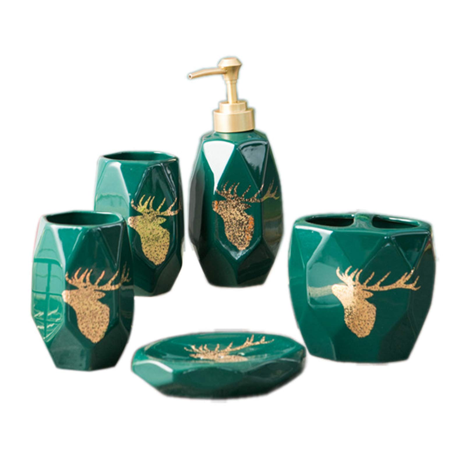 Ceramic Bathroom Accessories Set - Soap Dispenser, Toothbrush Holder, Cup & Soap Dish with Golden Pattern - Elegant Green Decor for Modern Bathrooms, Vanities & Guest Baths