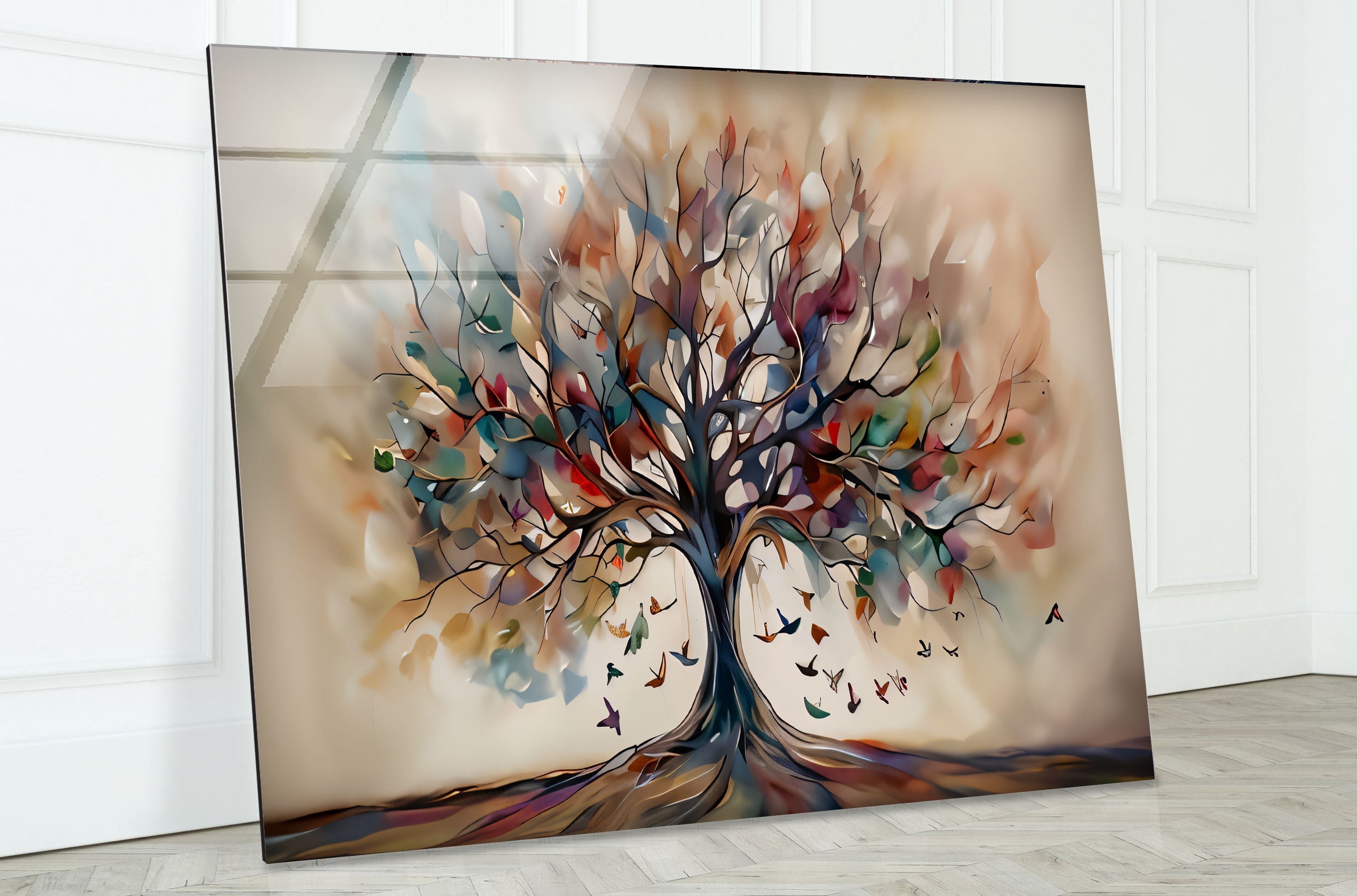 Beige Tree Glass Wall Art - Elegant Home Decor for Living Room, Bedroom & Office - Perfect for Modern & Boho Interiors