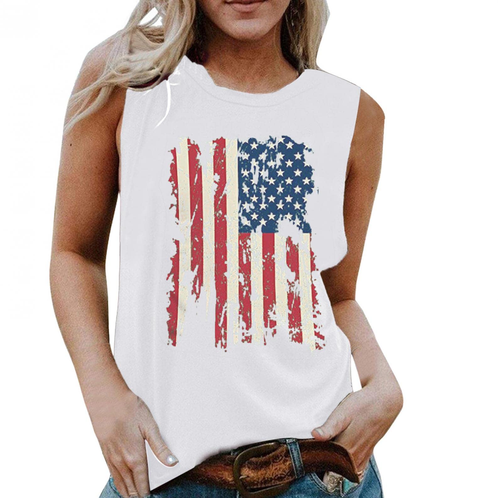 Women's American Flag Tank Tops & Summer Blouses - 4th of July Patriotic Camo Tee, Loose Fit Casual Shirts for Beach, BBQ, and Outdoor Festivals