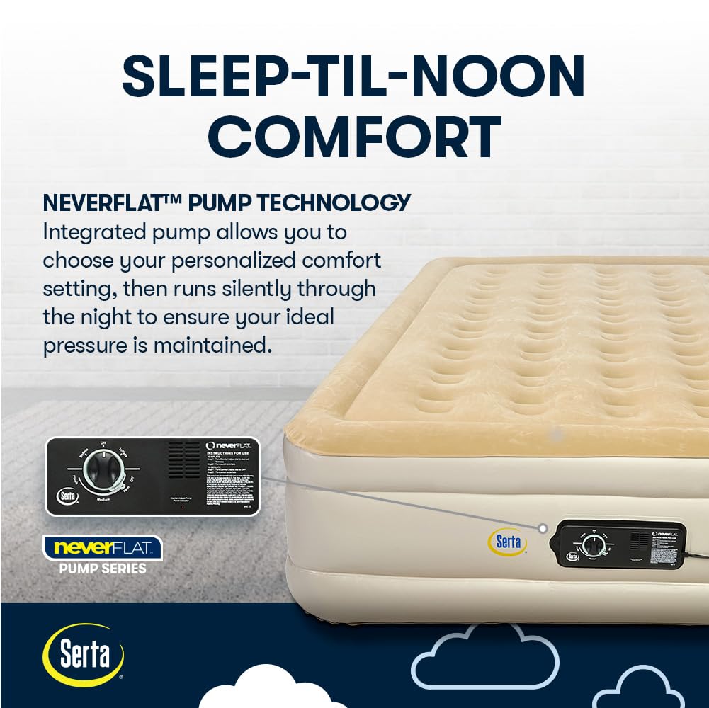 Serta Raised Air Mattress with Never Flat Pump - Luxury Inflatable Bed with Built-in Air Pump for Comfortable Sleep | Heavy Duty Blow Up Mattress with Self-Inflating Technology | Perfect for Camping, Guest Beds & Home Use