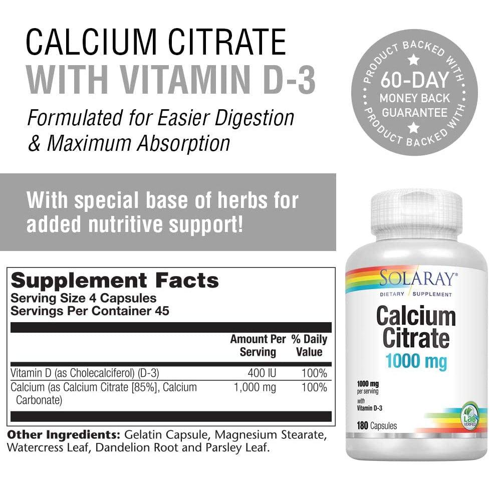 Solaray Calcium Citrate 1000mg with Vitamin D3 Supplement - Supports Bone Health & Immune System - Ideal for Adults & Seniors