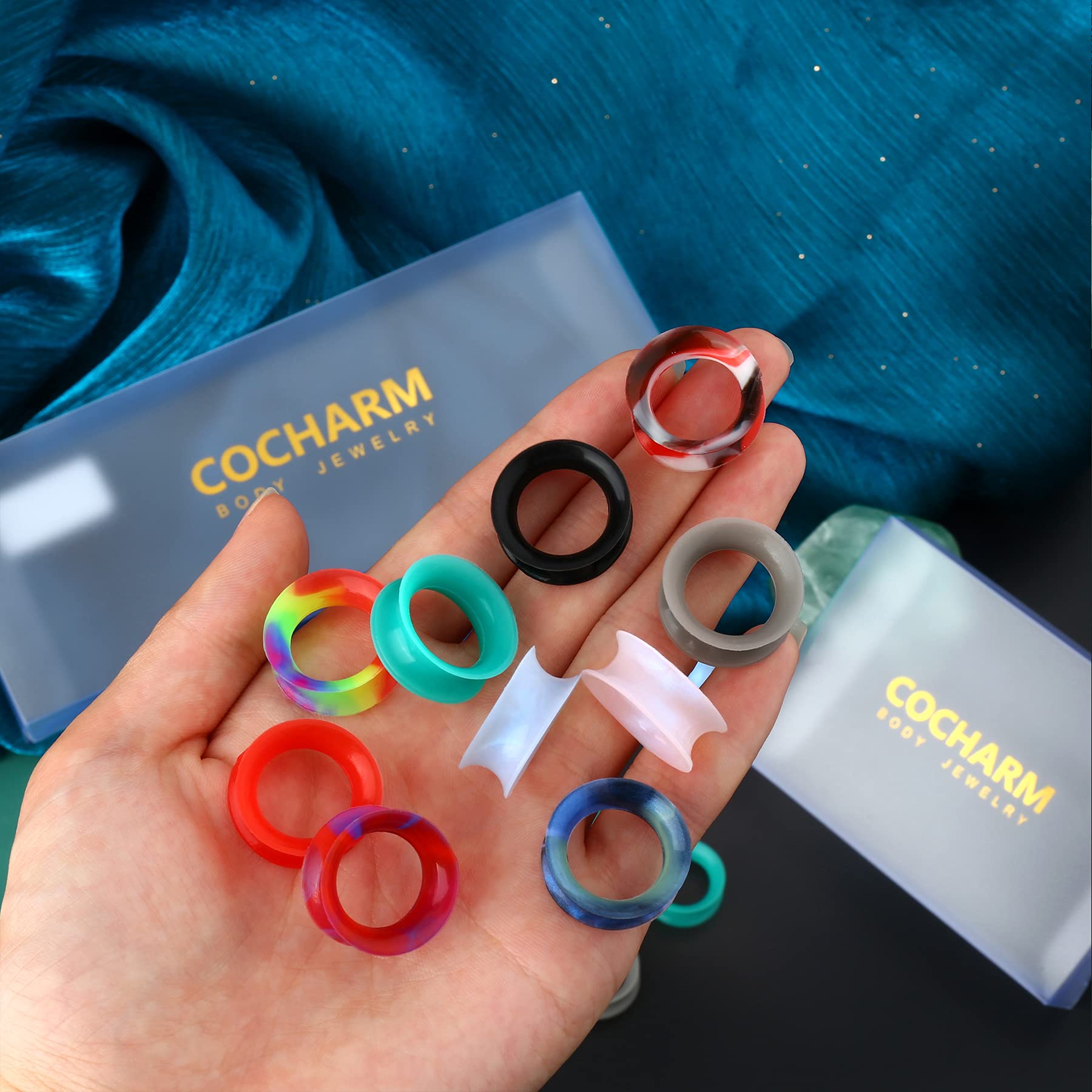 Cocharm 20 PCS Thin Silicone Ear Gauges - Flexible Double Flared Tunnel Ear Plugs for Stretching & Body Jewelry - Perfect for Daily Wear, Parties & Alternative Fashion
