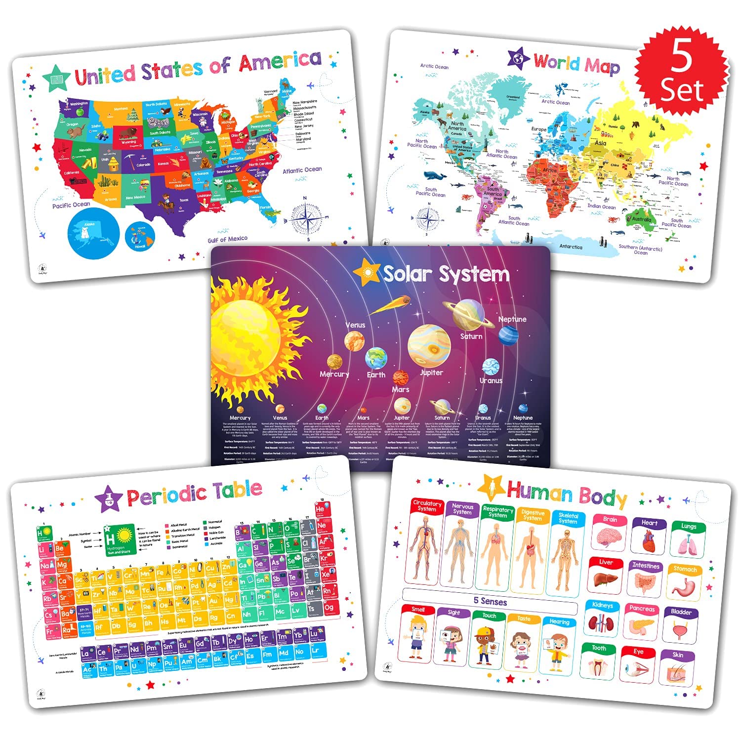 10 Pack Kids Placemats - 2 Sets of 5 Simply Magic Non-Slip Place Mats for Children | Perfect for Dining, Crafts & Learning Activities at Home or School