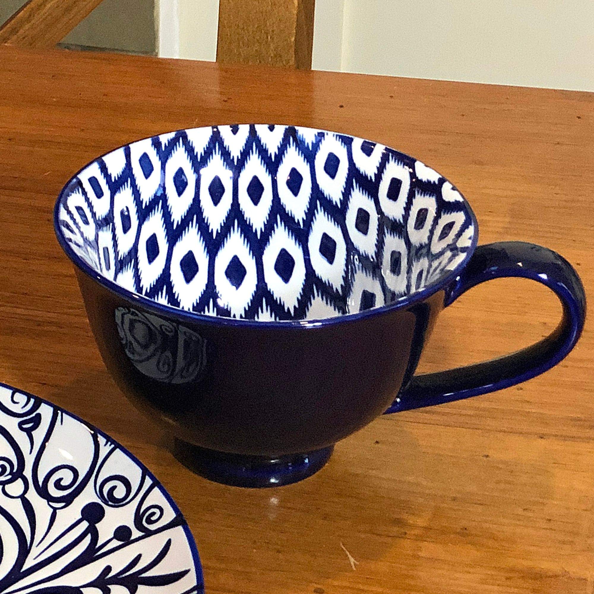 Set of 4 Blue and White Ceramic Soap Mugs with Unique Patterns - 6.25 Inch Handmade Bathroom Accessories for Soap Dishes, Sponge Holders & Decor