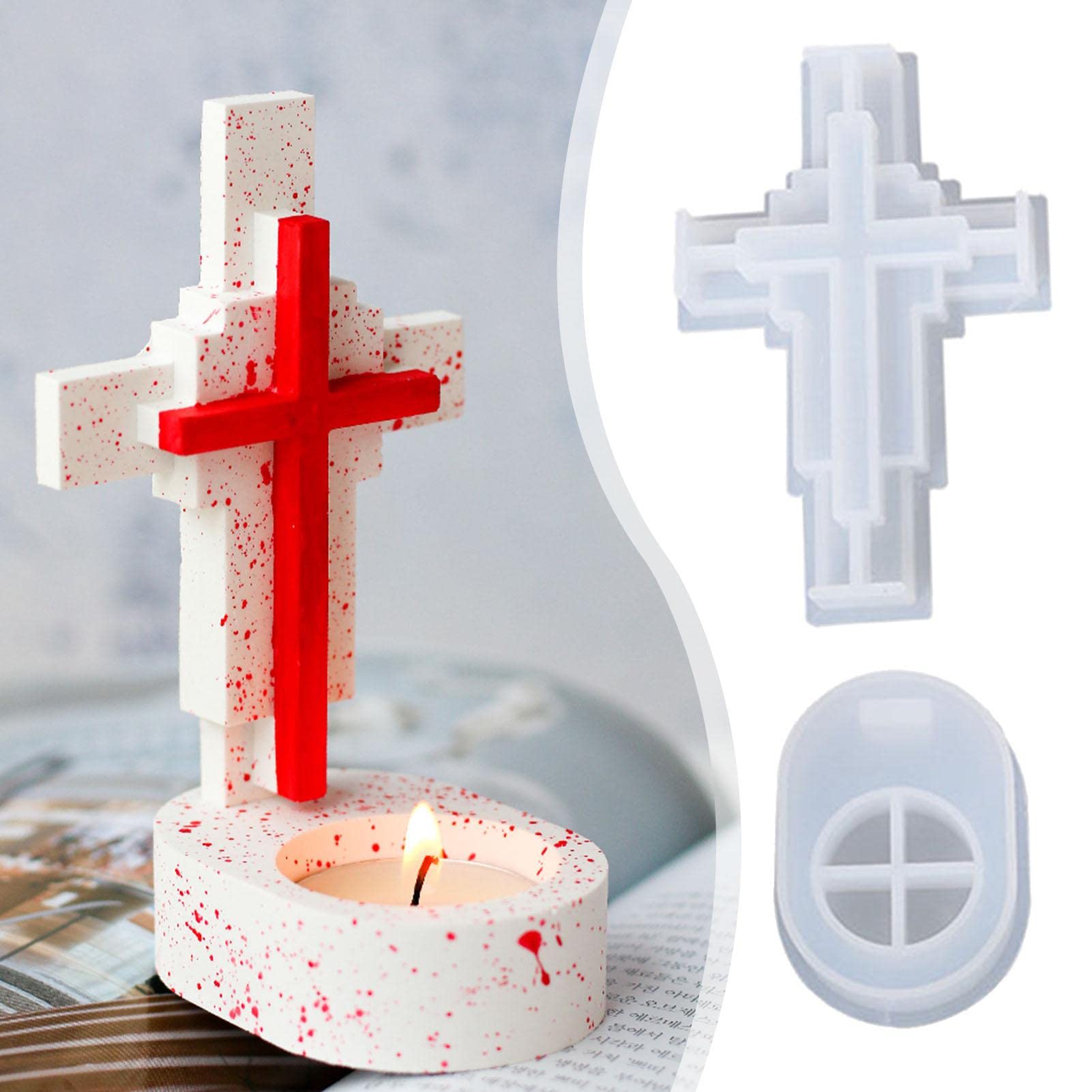 Naysku 3D Cross Candle Holder Silicone Mold with Base - DIY Resin Casting Mold for Tealight Candles, Epoxy Mould for Home Decor & Craft Projects - Perfect for Christmas, Easter, Wedding Centerpieces and Religious Ceremonies