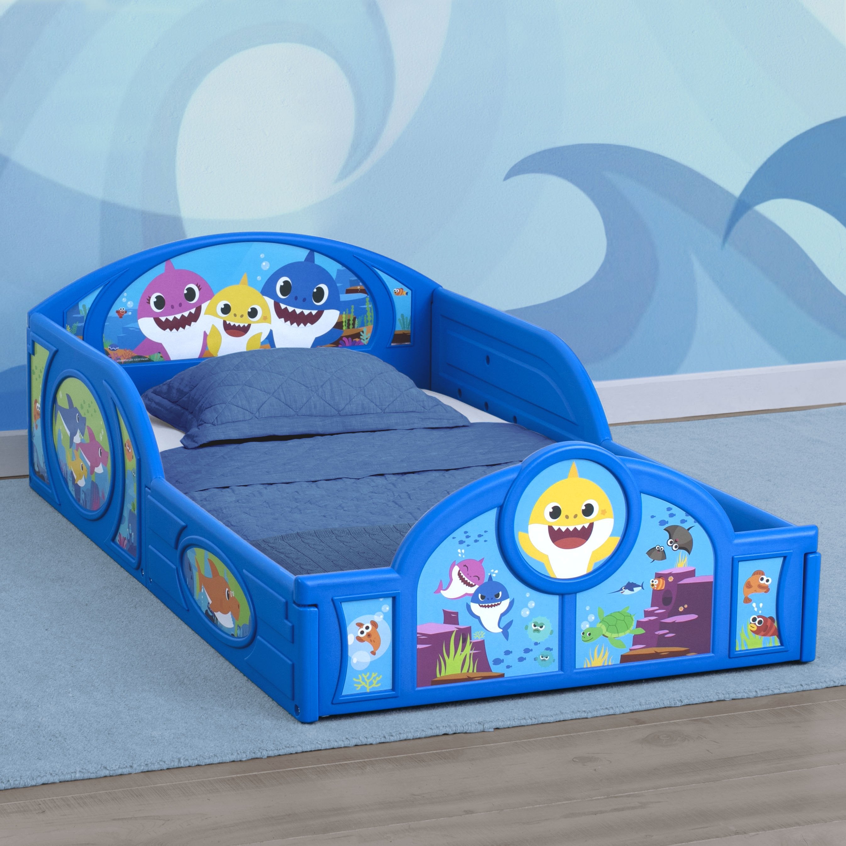 Baby Shark Toddler Bed with Safety Guardrails - Soft & Comfortable Plastic Sleep and Play Bed for Kids | Perfect for Nursery, Daycare & Bedtime