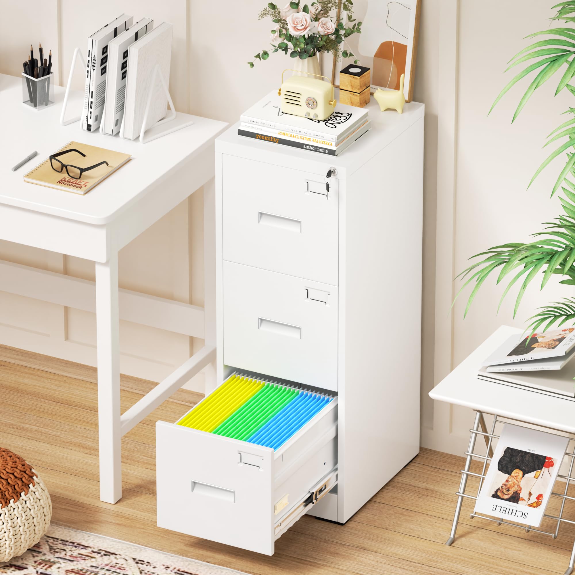 Bonusall 3-Drawer Vertical File Cabinet with Lock - Metal Office Filing Cabinet for Legal/Letter Size Documents, White | Secure Storage for Home & Office Organization with Hanging File Rack