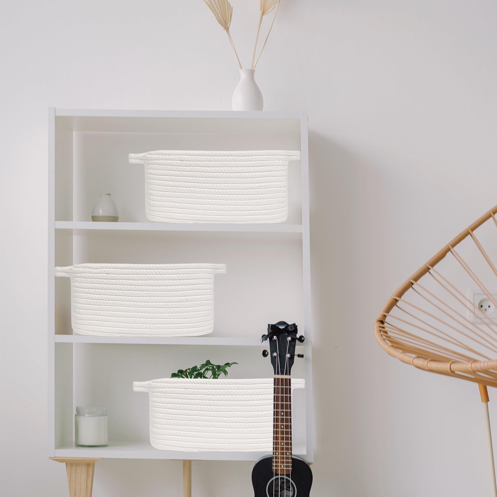 ABenkle Small White Woven Storage Baskets - Pet Toy Organizer for Cats & Dogs, Decorative Shelves & Closet Organizer Basket, Empty Gift Box - Perfect for Home, Office & Nursery Organization