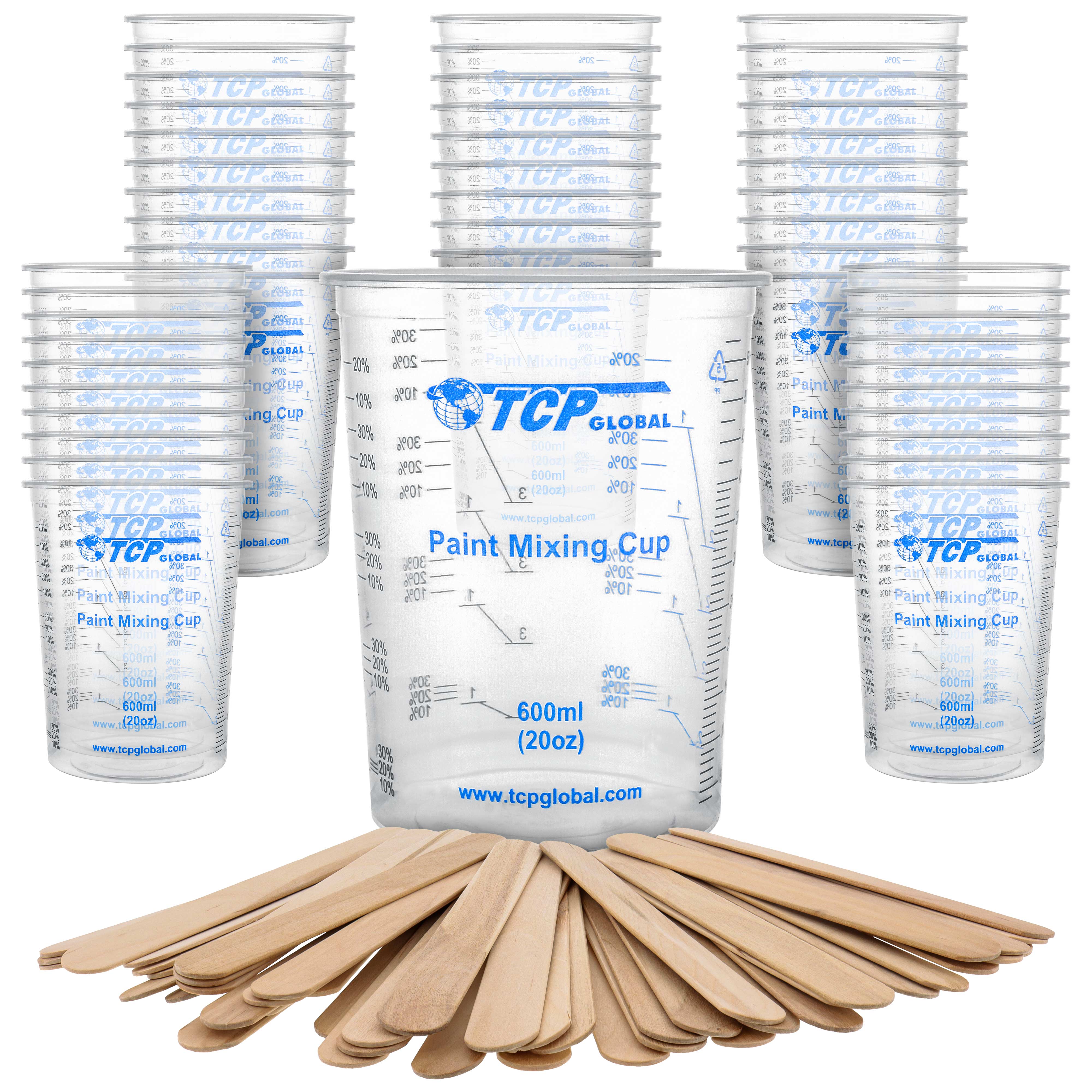 TCP Global 20oz (600ml) Disposable Clear Plastic Mixing Cups with Graduated Measurements - Box of 50 Cups & 50 Mixing Sticks - Perfect for Paint, Resin, Epoxy, Art Projects & DIY Crafts
