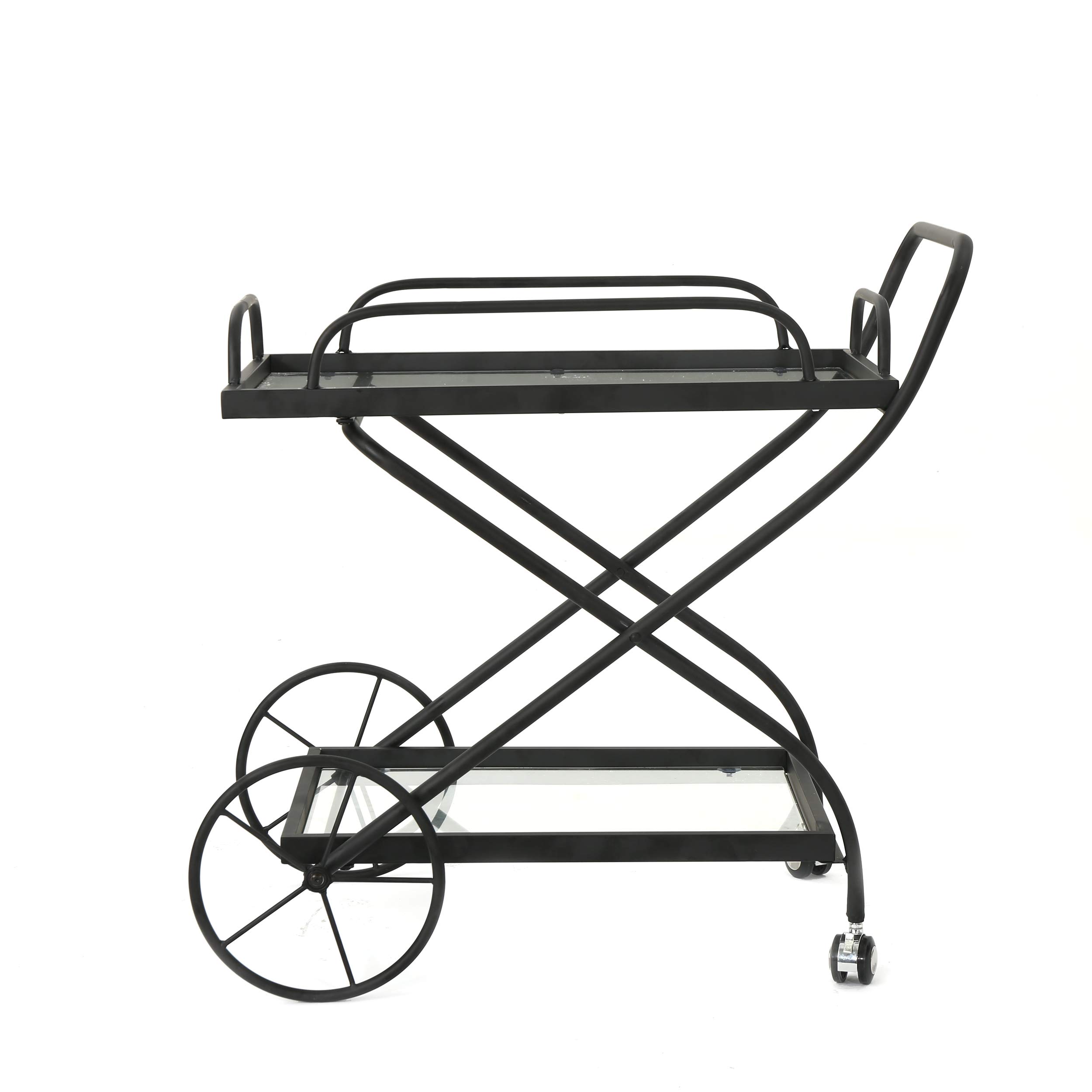 Christopher Knight Home Perley Indoor Traditional Iron Bar Cart with Tempered Glass Shelves - Black | Vintage Style Rolling Drink Cart for Living Room, Home Bar, Kitchen & Party Serving