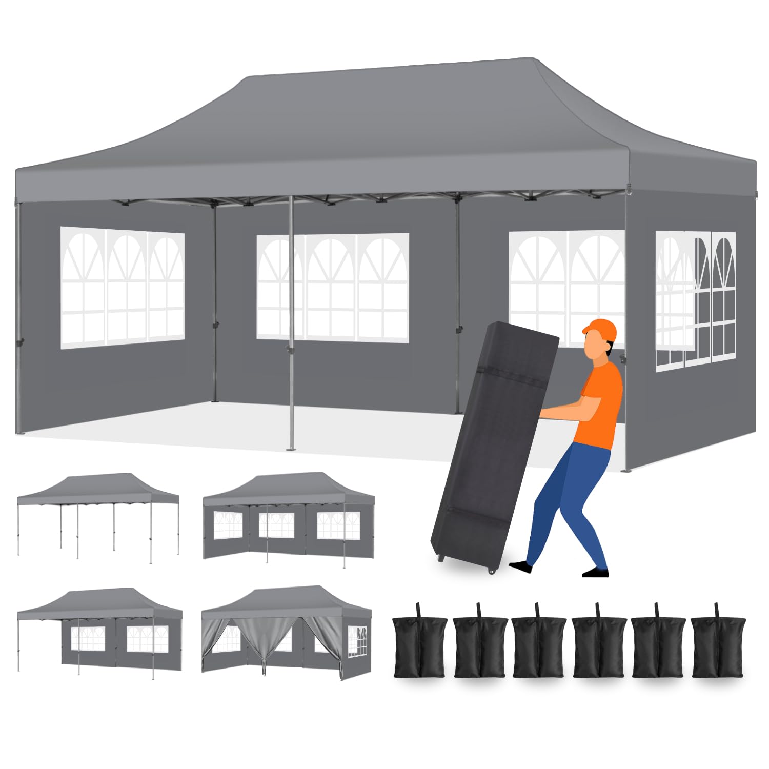 10x20 Heavy Duty Commercial Pop Up Canopy Tent - Waterproof Outdoor Canopy with 6 Sidewalls, 3 Adjustable Heights, Roller Bag & Accessories (6 Sand Bags, 4 Ropes, 12 Stakes) - Thickened Frame for Outdoor Events, Farmers Markets, Camping & Beach Parties