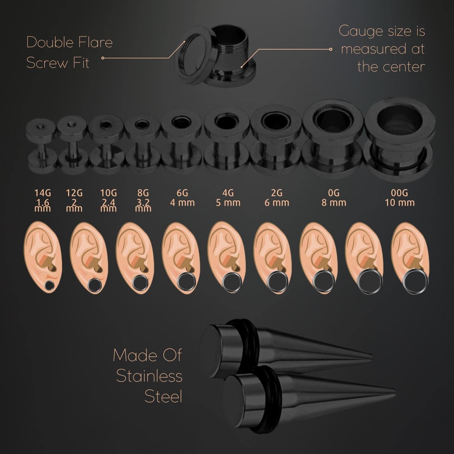 BodyJ4You 37PC Ear Stretching Kit - 14G to 00G Gauges for Beginners with Steel Tapers, Single Flare Plugs & Screw Fit Tunnels - Includes Aftercare Balm Wax - Perfect for Ear Piercing Jewelry & Stretching - Ideal for Men & Women - Great for Daily Wear, Parties & Body Modification