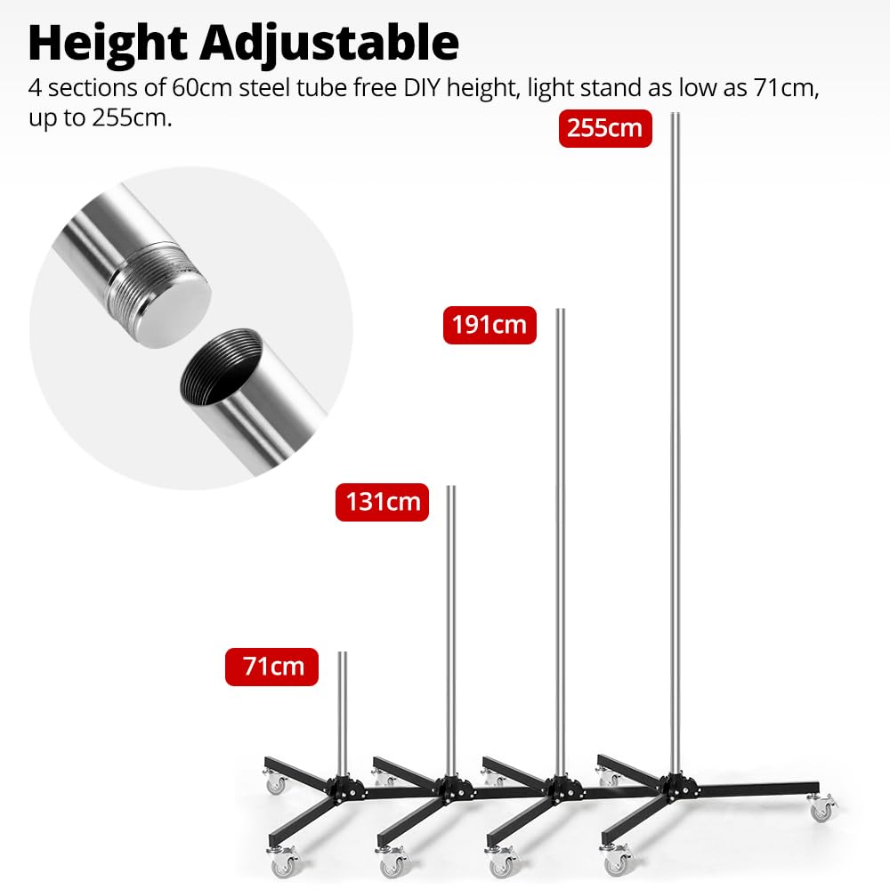 AMBITFUL 7.8Ft Wheeled Mobile Light Stand for Studio Photography - 94 Inch Adjustable Grip Stand Compatible with Strobe & LED Lights - Perfect for YouTube, TikTok & Portrait Shooting