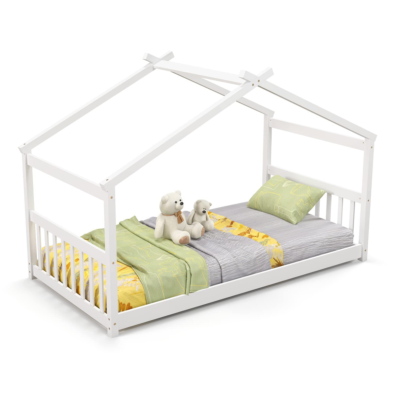 **Giantex Solid Wood Twin House Bed with Roof - Low Floor Kids Bed Frame for Toddlers, Teens, Boys & Girls - No Box Spring Needed - White - Perfect for Nursery, Playroom & Cozy Bedroom Decor**
