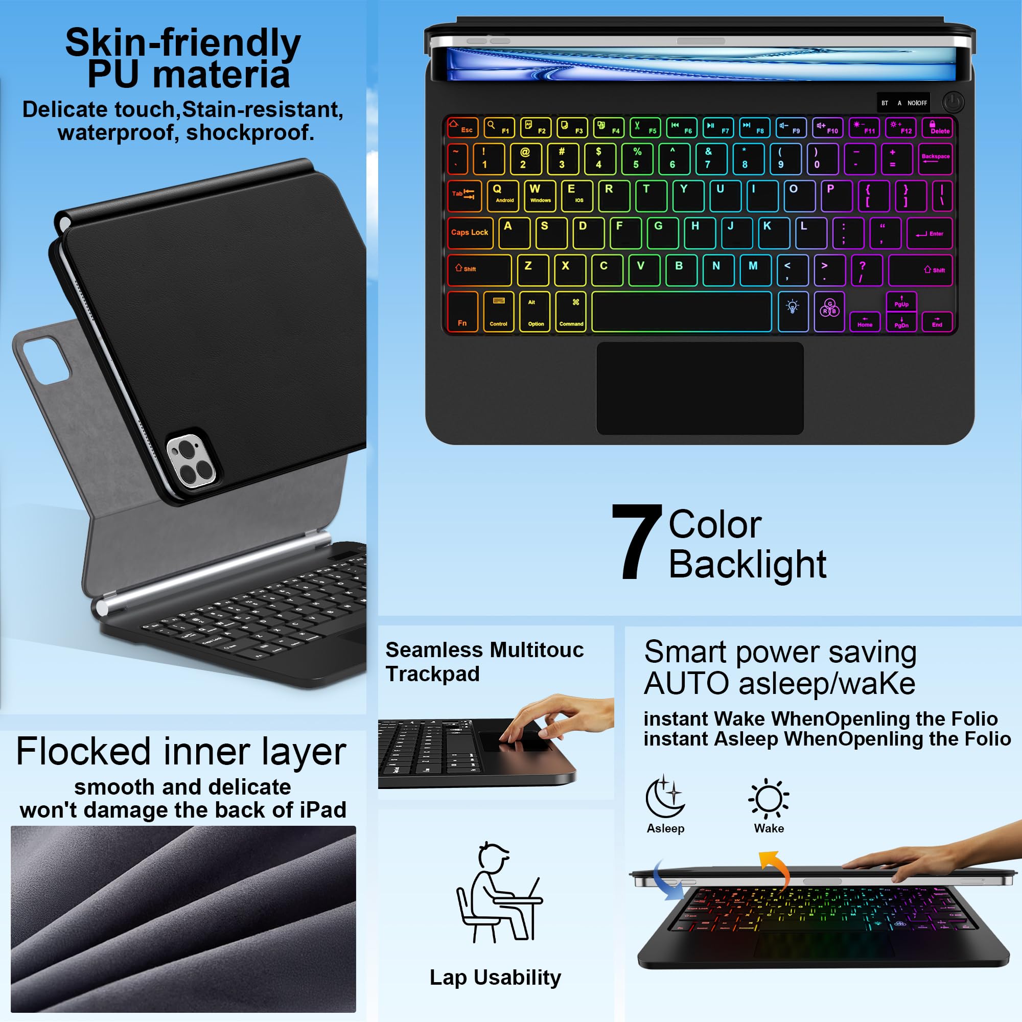 Magnetic Backlit Keyboard Case for iPad Air 13 inch & iPad Pro 12.9 inch (3rd/4th/5th/6th Gen) with Multi-Touch Trackpad - Floating Cantilever Stand, Easy Setup | Perfect for Work, Study & Travel (Black)