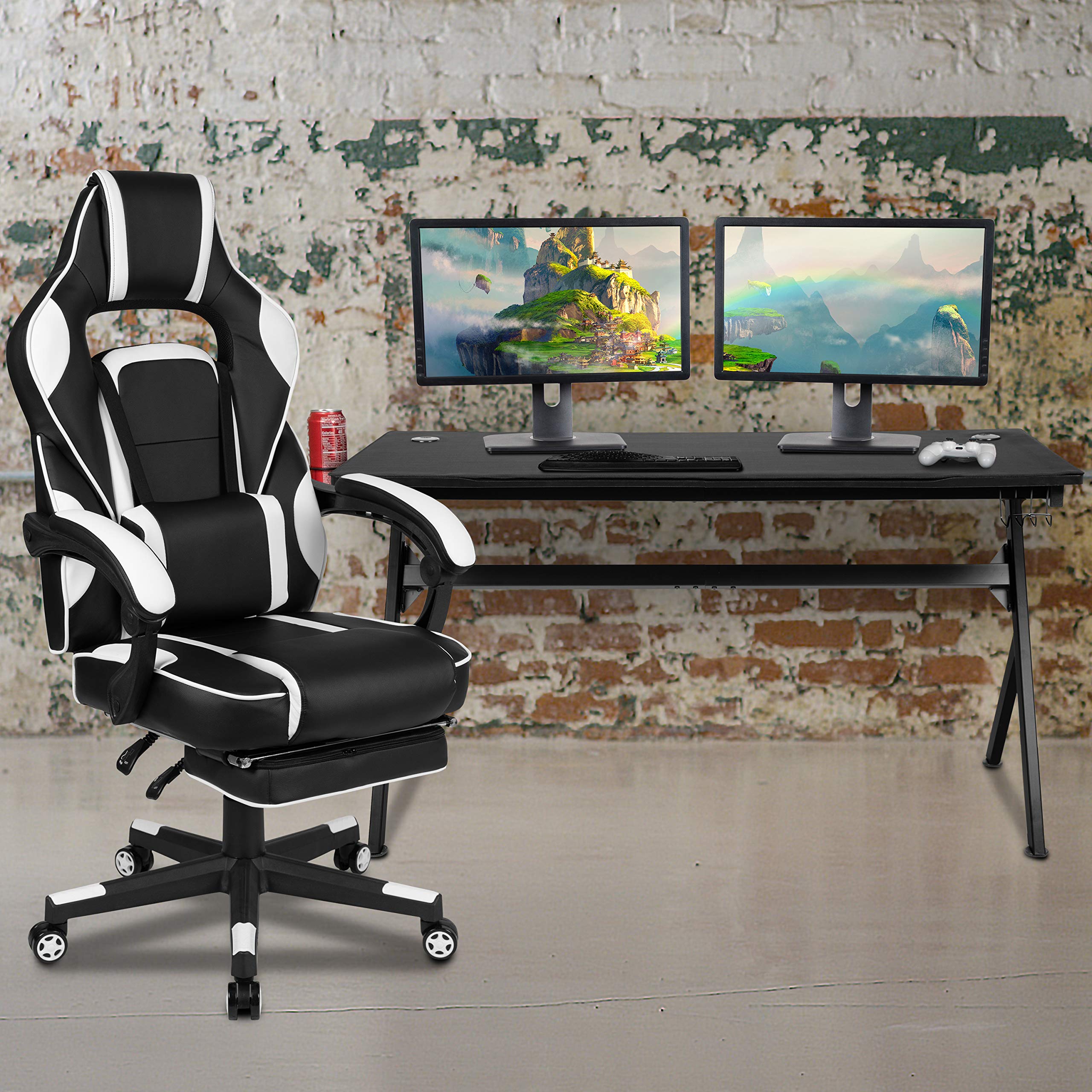 Flash Furniture Optis Gaming Desk with Cup Holder, Headphone Hook & Removable Mousepad | Ergonomic Gaming Chair with Adjustable Backrest, Armrests & Footrest - Perfect for PC Gaming Setup, Home Office & Esports Tournaments