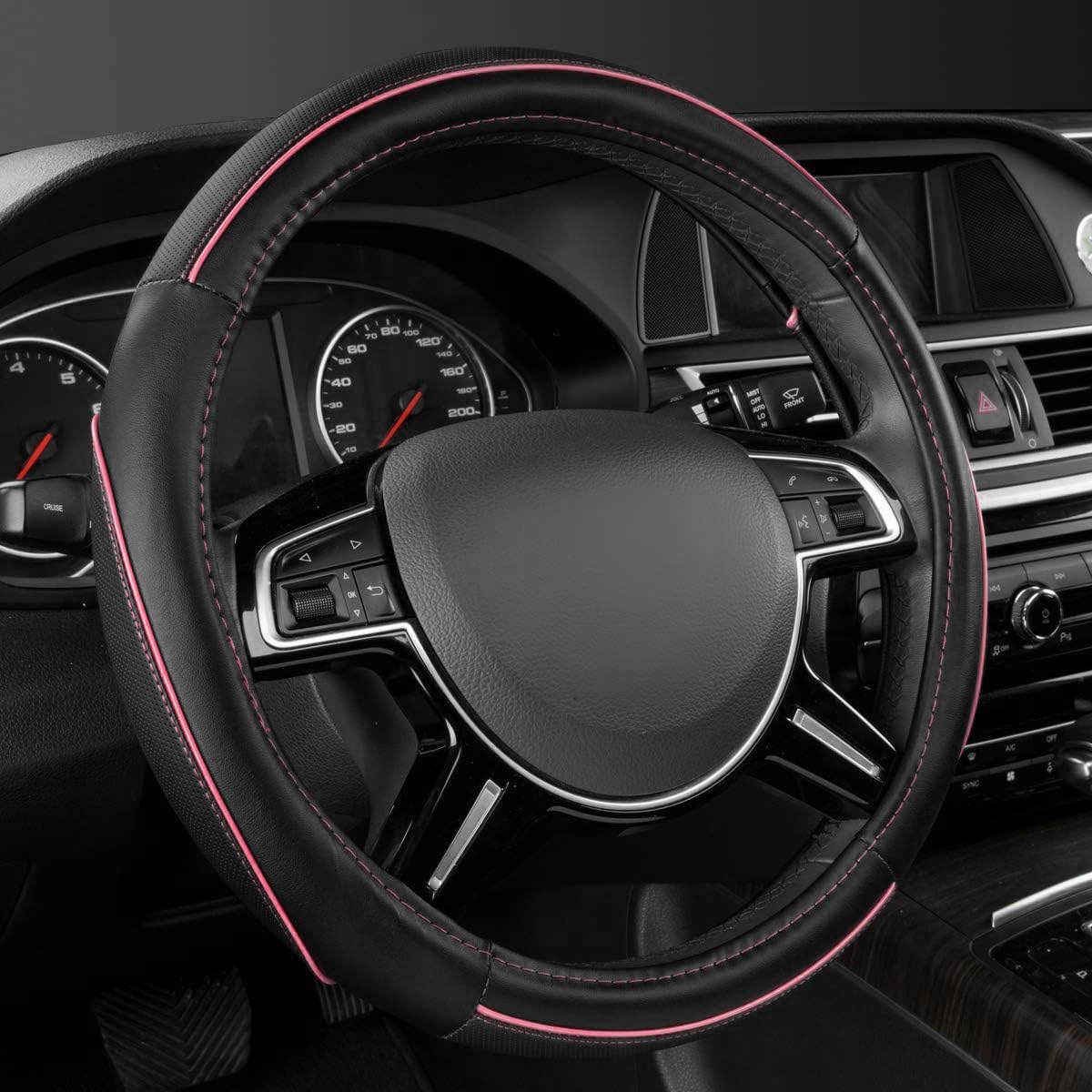 Premium Universal Leather Steering Wheel Cover with Color Piping - Fits 14.5-15 Inch Wheels for SUVs, Vans, Trucks & Sedans (Black & Pink) - Enhance Grip & Comfort for Daily Commutes & Road Trips