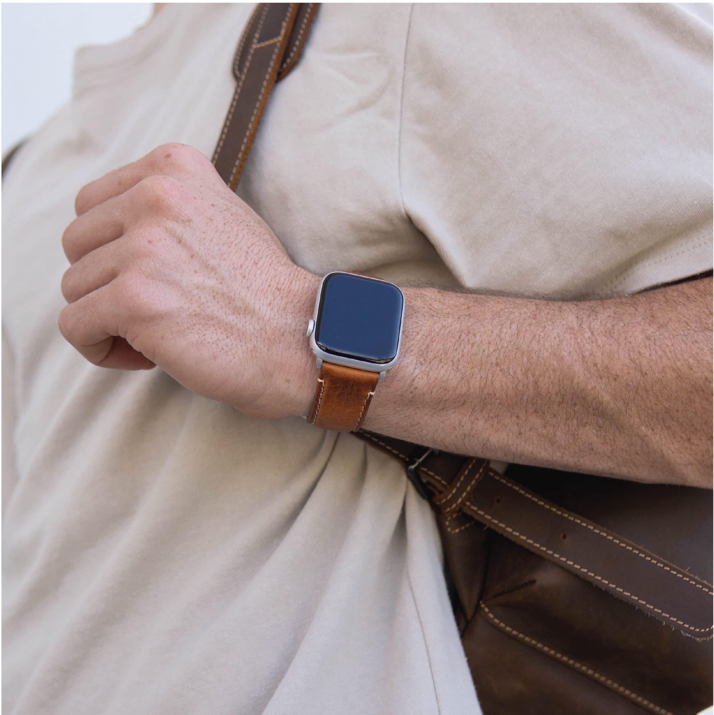 Premium Bullstrap Men's Full-Grain Italian Leather Watch Band - Compatible with Apple Watch Series 1-8 - Durable Luxury Replacement Strap for Business & Casual Wear