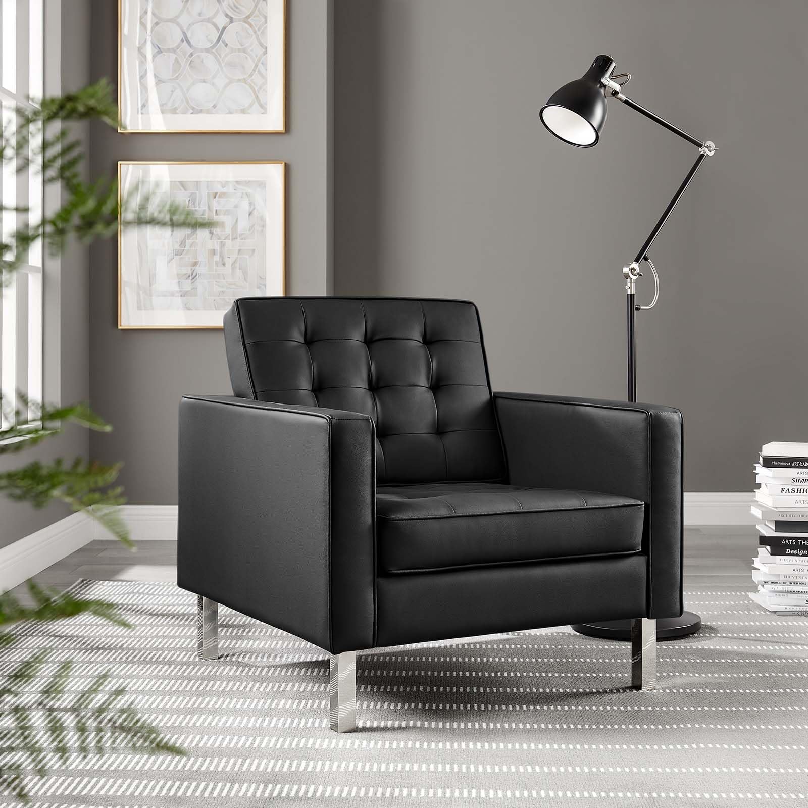 Modway Loft Tufted Button Faux Leather Accent Armchair - Silver Black Upholstered Living Room Chair for Home Office, Lounge & Reading Nook