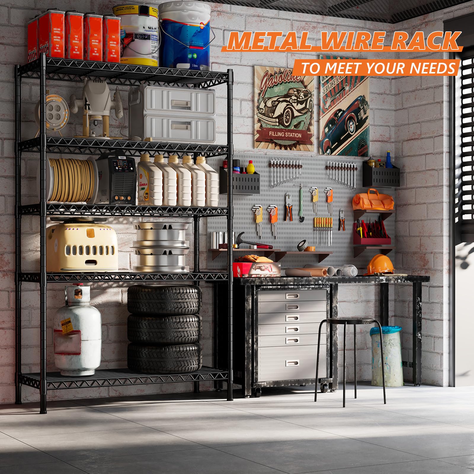 REIBII 5-Tier Adjustable Metal Wire Shelving Unit with Wheels & Feet - 15.7