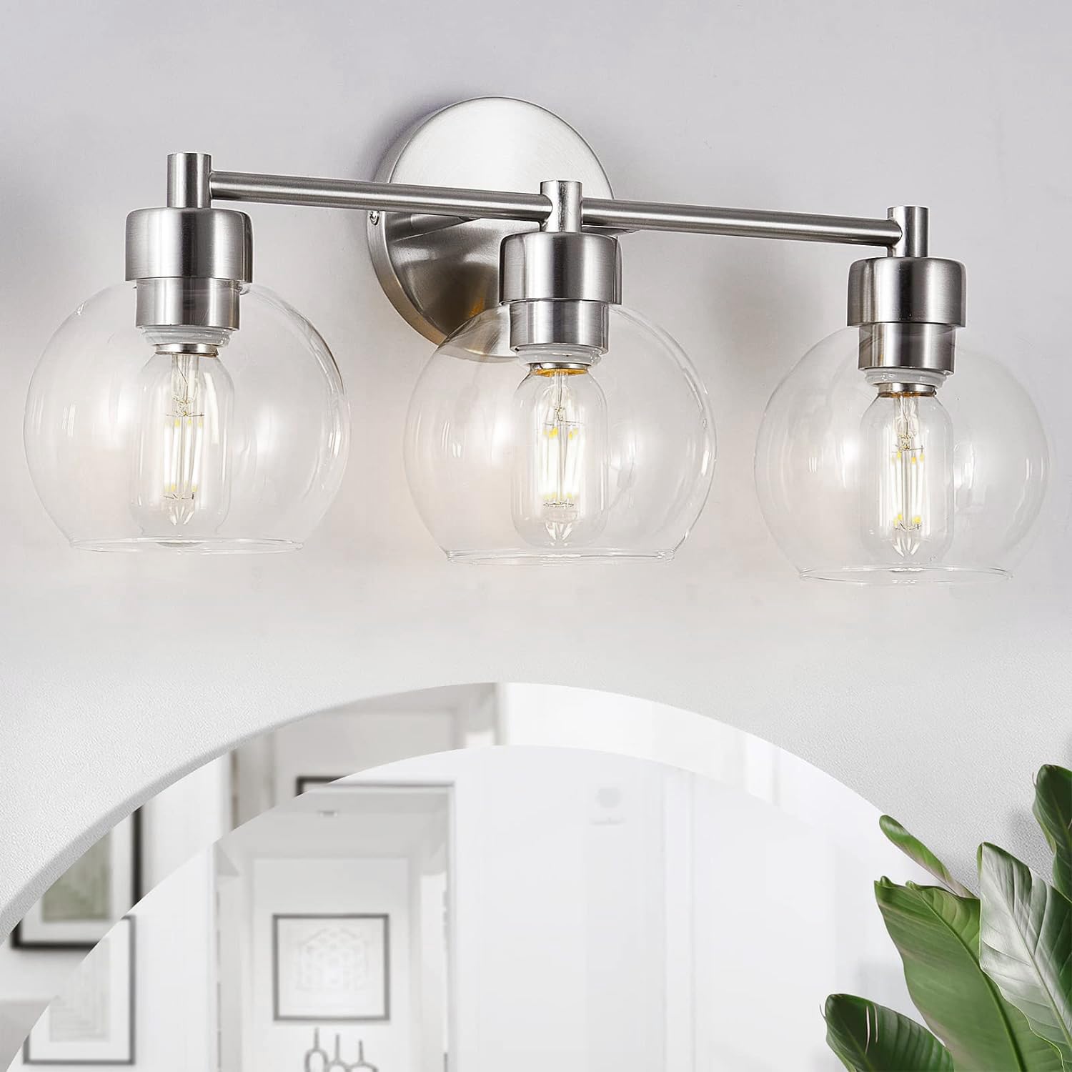 3-Light Brushed Nickel Vanity Light Fixture with Clear Globe Glass - Bathroom Wall Sconce for Mirror, Bedroom, Living Room & Kitchen - Perfect for Modern Home Decor & Vanity Lighting