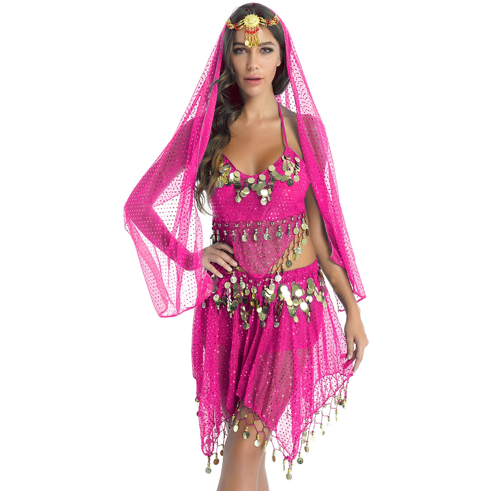 Belly Dance Costume for Women - Indian Bollywood Sequin Skirt & Shiny Top Set for Professional Performances & Cosplay | Perfect for Stage Shows, Dance Classes & Themed Parties