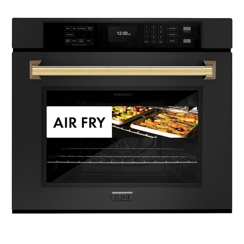 ZLINE Autograph Edition 30 Inch Black Stainless Steel Wall Oven with Air Fry & Self Clean - Professional True Convection Oven with Polished Gold Handle - Perfect for Home Chefs & Modern Kitchens (WASBZ 30 G)
