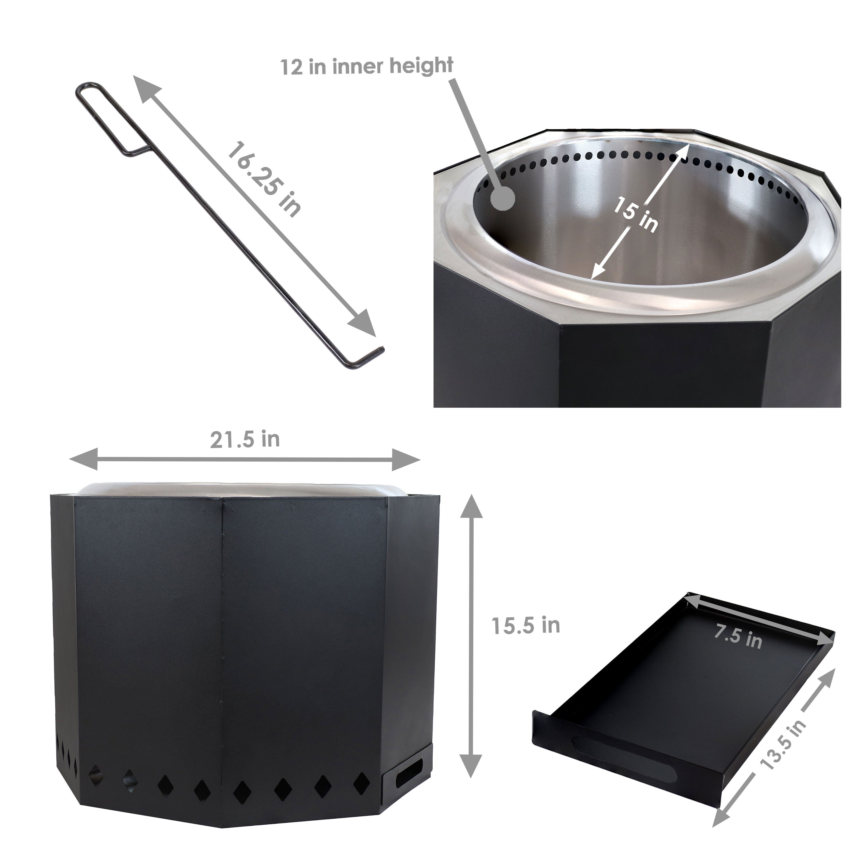 Sunnydaze 21.5 Inch Octagon Wood Burning Stainless Steel Smokeless Fire Pit - Outdoor Backyard, Camping, Patio, Garden Fireplace for Warm Gatherings