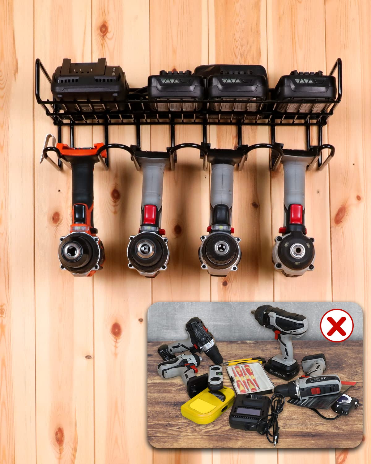 Heavy Duty Wall Mounted Power Tool Organizer - Battery Powered Hand Tools & Cordless Drill Storage Rack with Shelf | Compact 2-in-1 Design for Garage, Workshop & DIY Projects