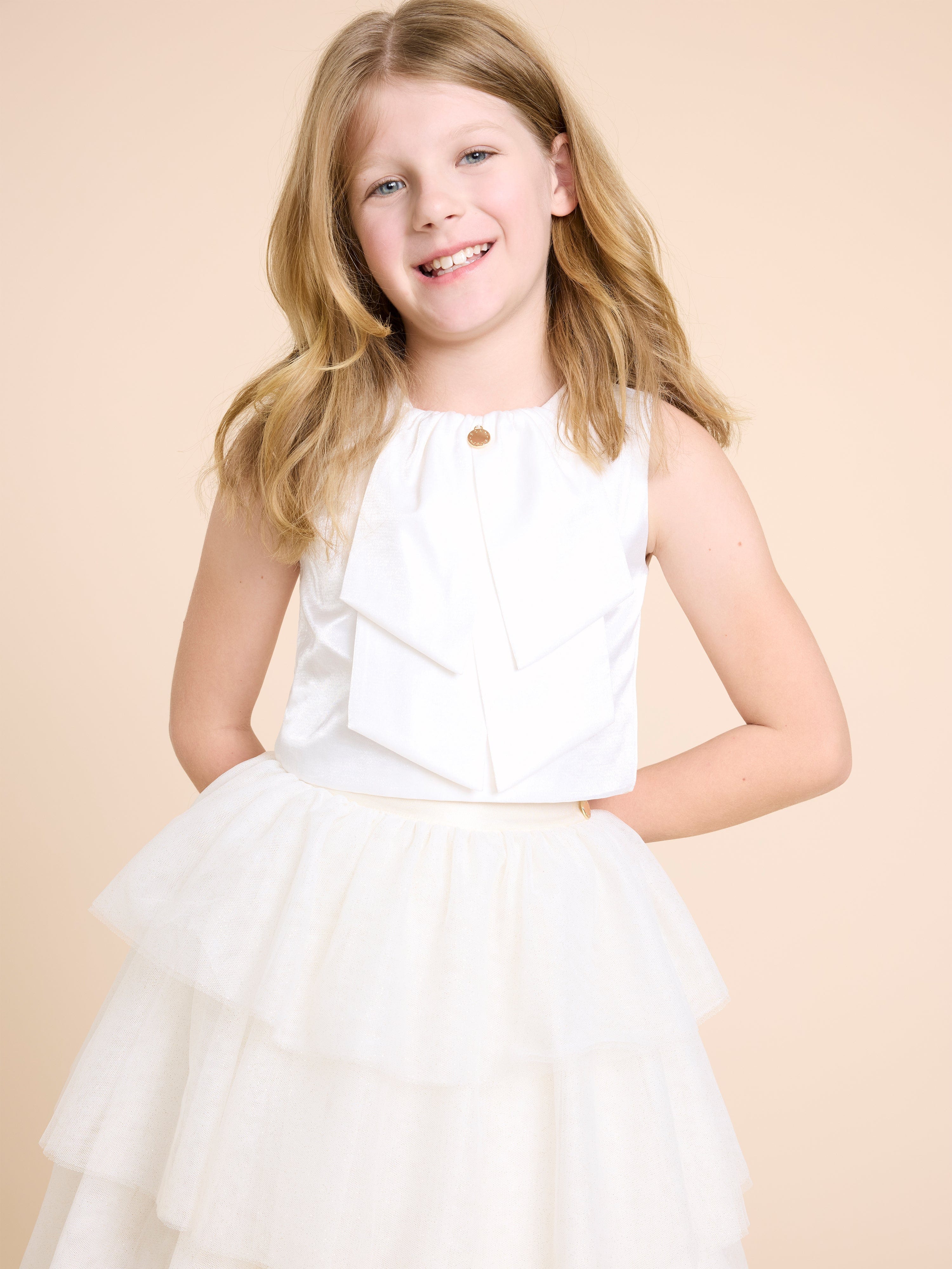 BCBG Girls Ivory Bow Blouse - Elegant Ruffled Top for School, Parties & Special Occasions