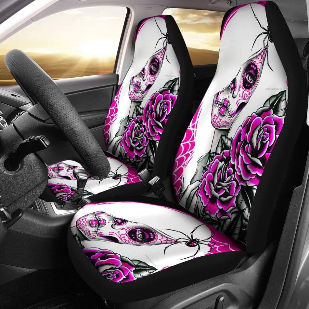 2 Pcs Sugar Skull Girl Car Seat Covers - Gothic Decor for Vehicles - Perfect for Halloween, Dia de Los Muertos & Car Accessories