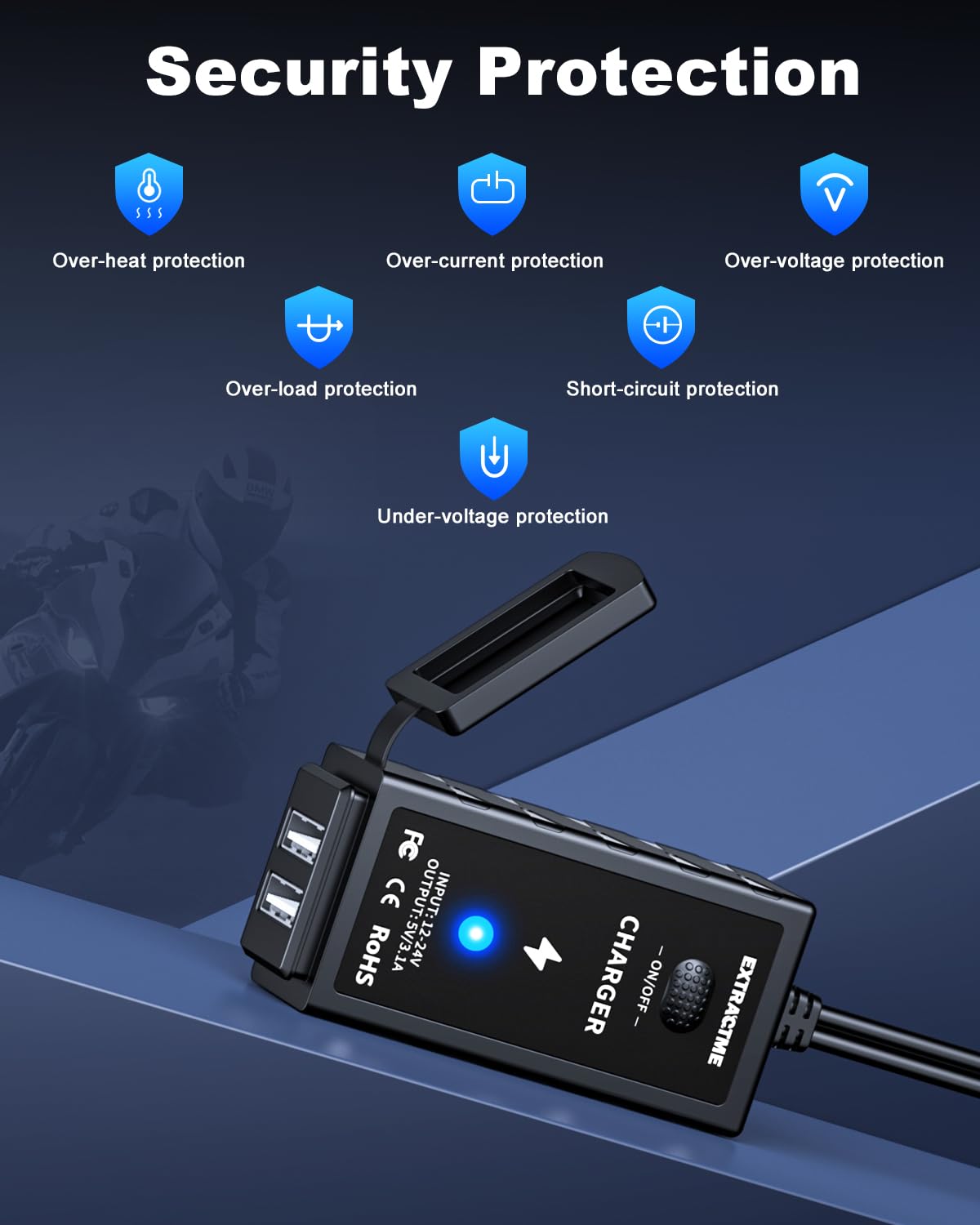 Motorcycle Phone Charger 3.1A Dual USB with Switch - Waterproof ATV Accessory for Phones & GPS