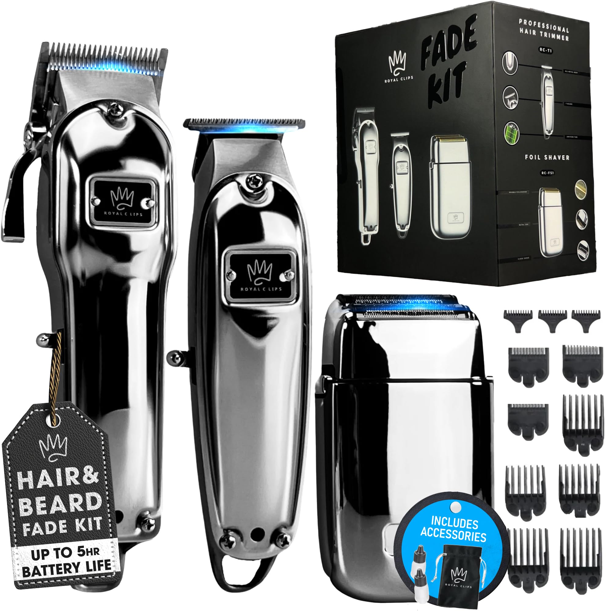 Royal Clips Hair and Beard Fade Kit 2.0 – Professional Men's Hair Clipper, Trimmer & Foil Shaver Set with 10 Guide Combs & 5-Hour Battery – Barber & Home Grooming Kit for Fades, Buzz Cuts & Styling – Silver