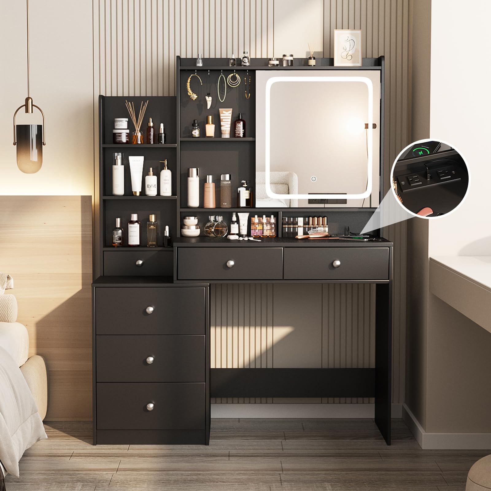 Vabches Vanity Desk with LED Lighted Mirror, 6 Drawers & Shelves, Power Outlet - Makeup Dressing Table for Bedroom (Black, White, Pink) | Perfect for Daily Beauty Routine & Small Space Organization