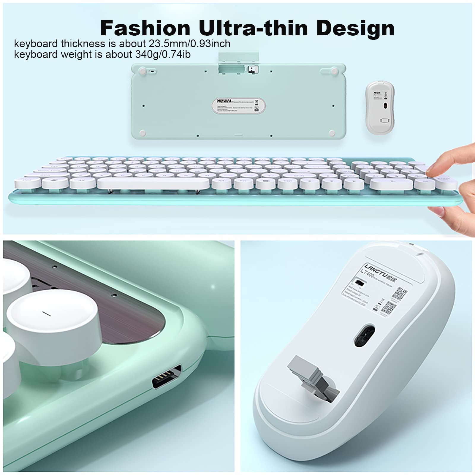 Wireless Keyboard and Mouse Combo - 2.4G Ultra Thin Ergonomic Cordless Keyboard with USB Optical Mouse for PC, Laptop, Notebook - Punk Style Light Green - Perfect for Office Work, Gaming & Home Computing