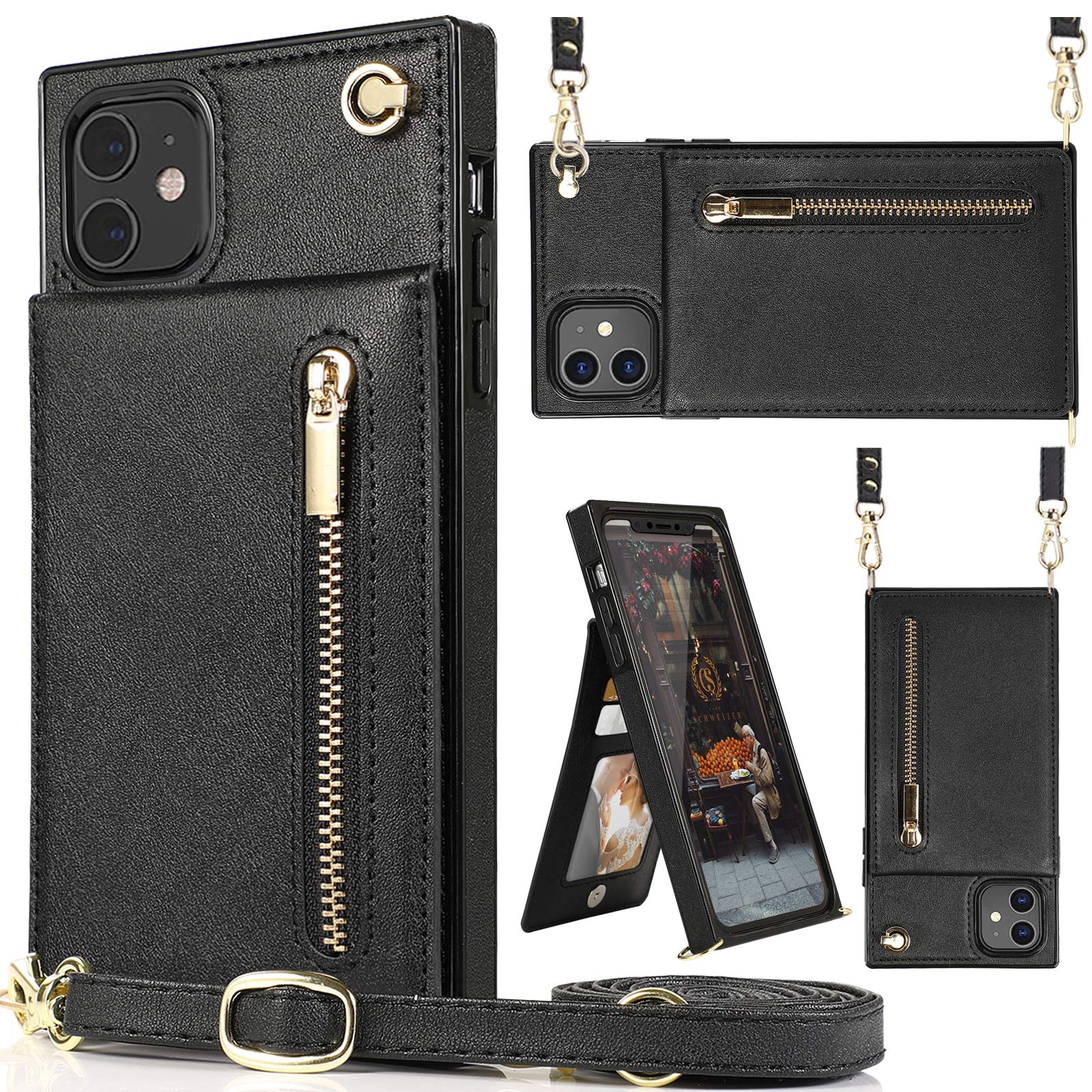 Premium Leather iPhone 11 Wallet Case with Card Holder, Kickstand & Magnetic Closure - Crossbody Zipper Purse with Adjustable Strap, Square Corner Protective Cover (Black) - Perfect for Travel, Shopping & Daily Use