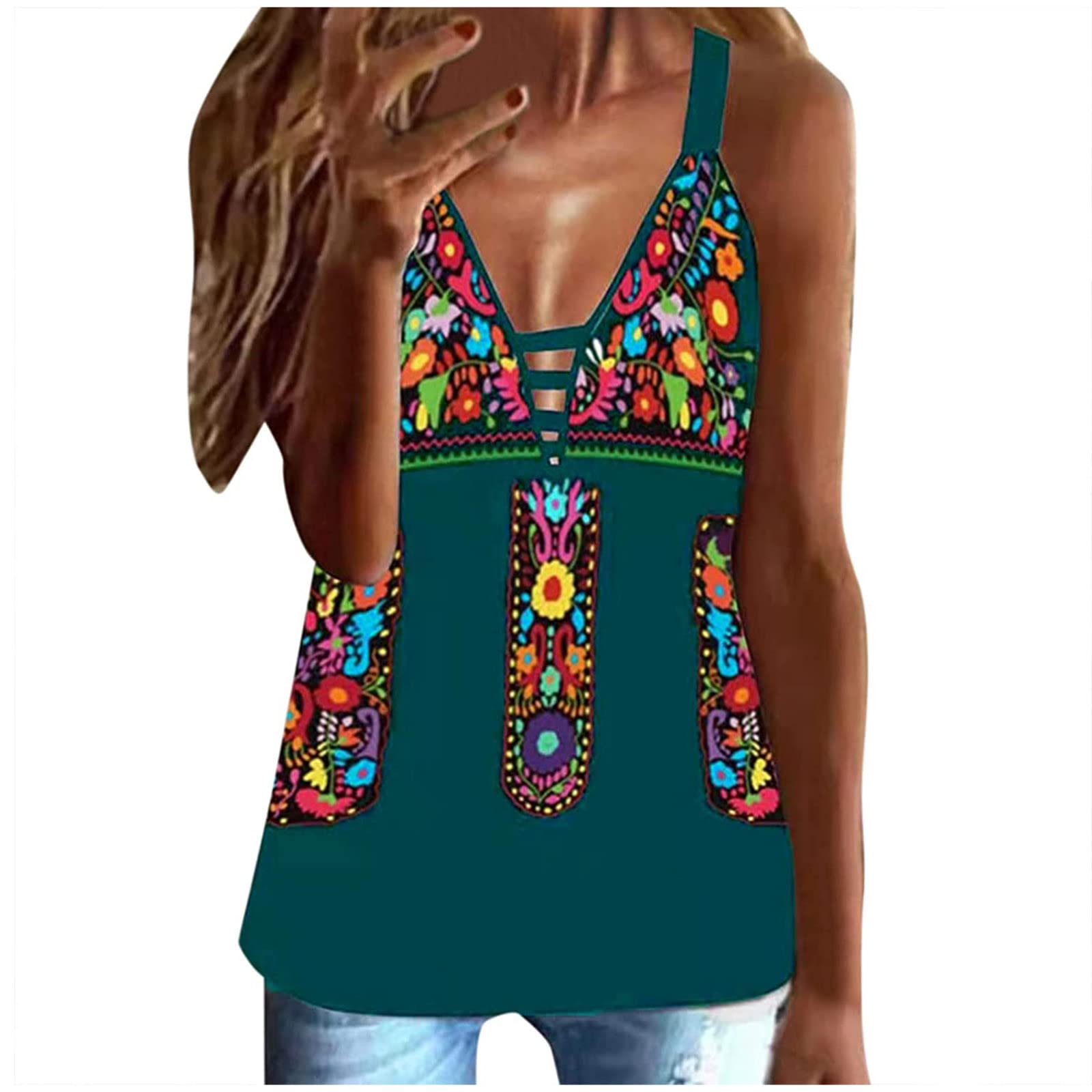 Women's Casual Floral Print V-Neck Sleeveless Tank Tops - Trendy Summer Tunic Cami Shirts for Beach, Vacation & Everyday Wear