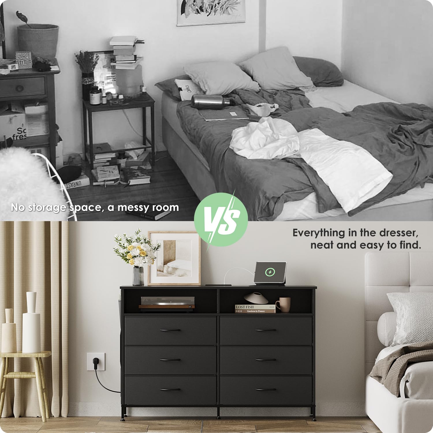 Modern Black 6-Drawer Wood Dresser with LED Lights & USB Charging Station - Bedroom Storage Cabinet with Extra Side Bag & Double Wide Drawers - TV Stand for 60