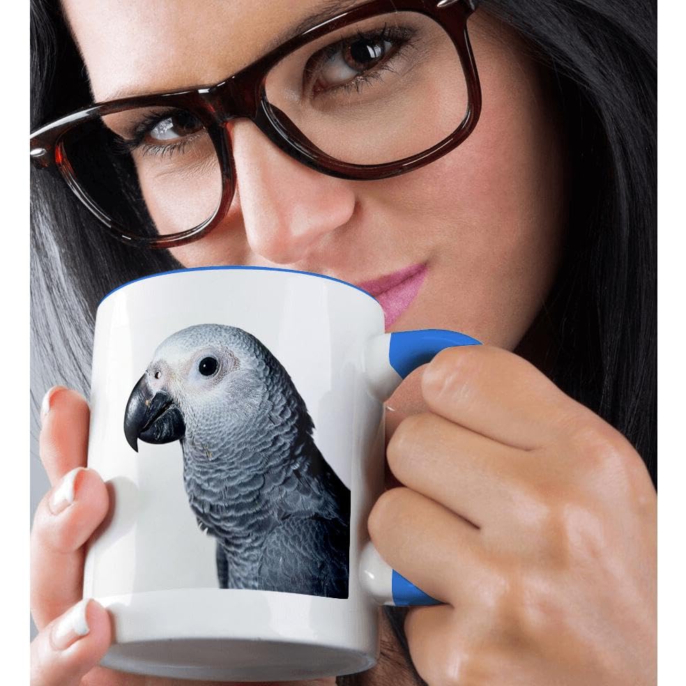 3D Rose African Grey Parrot Ceramic Coffee Mug - 11 oz Blue & White Parrot Design - Perfect for Bird Lovers, Tea & Coffee Drinkers at Home or Office