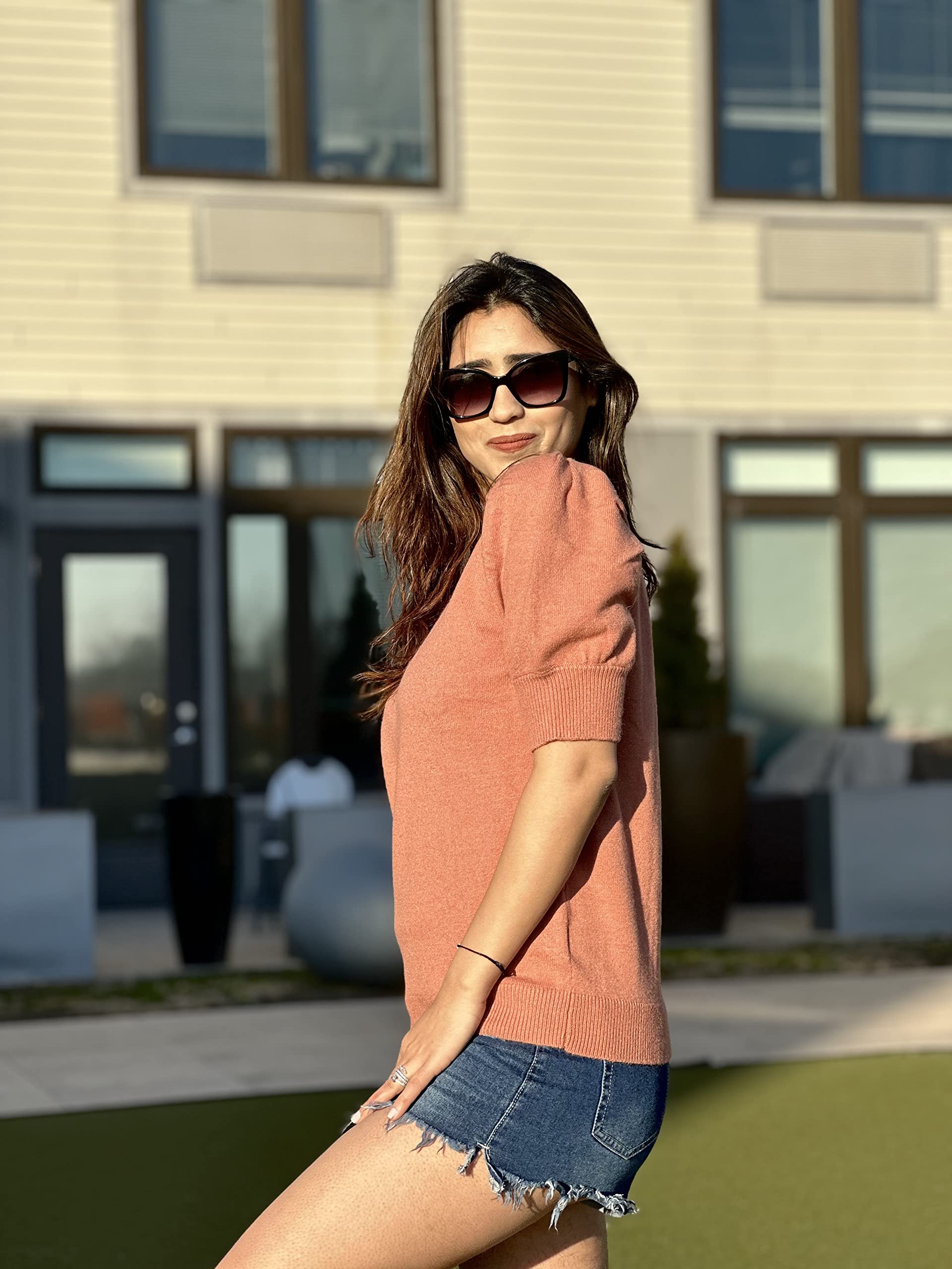 Trendy Women's Puff Short Sleeve Sweater Tops - 2025 Spring Summer Crew Neck Casual Blouse Shirts for Everyday Wear & Office Outfits