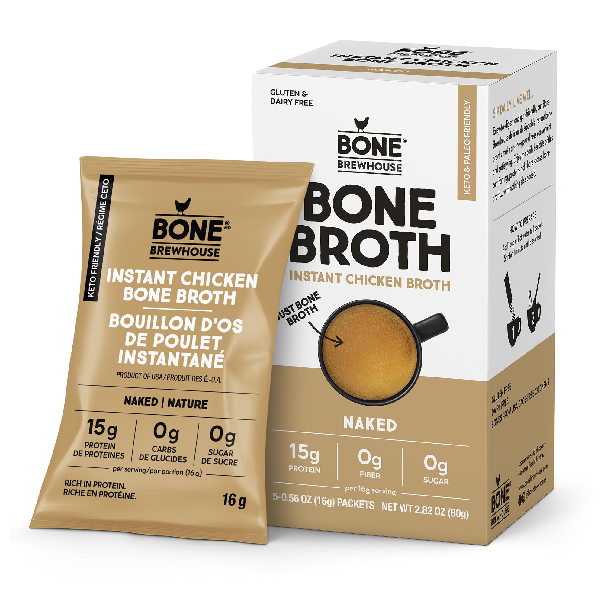 Bone Brewhouse Chicken Bone Broth Protein Powder - Unflavored, Keto & Paleo Friendly, 10g Protein, Natural Collagen, Gluten-Free - 5 Packets for Instant Soup, Post-Workout Recovery & Healthy Lifestyle