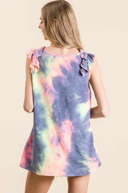 BiBi Tie Dye French Terry V-Neck Ruffle Top for Women | Soft Casual Blouse for Spring & Summer | Perfect for Beach Outings, Brunch Dates, and Weekend Wear