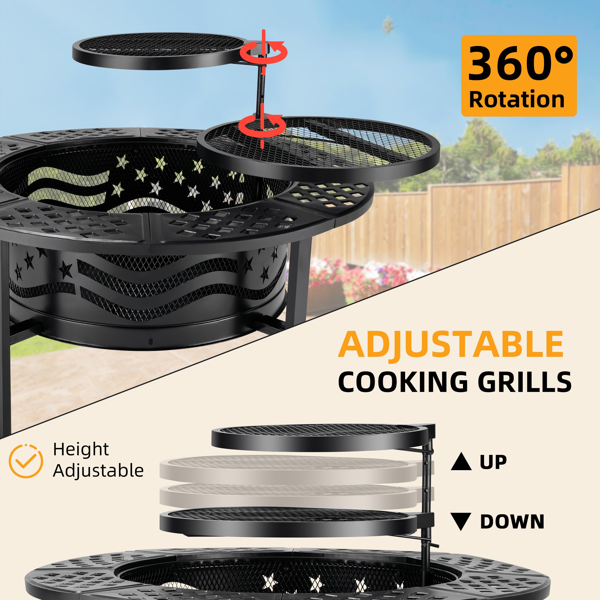 PrimeZone 42 Inch Large Outdoor Fire Pit with 2 Grills & Cover - Heavy Duty Steel Wood Burning Fire Pit for Backyard, Patio, Camping - Perfect for Bonfires, Picnics, and Outdoor Gatherings