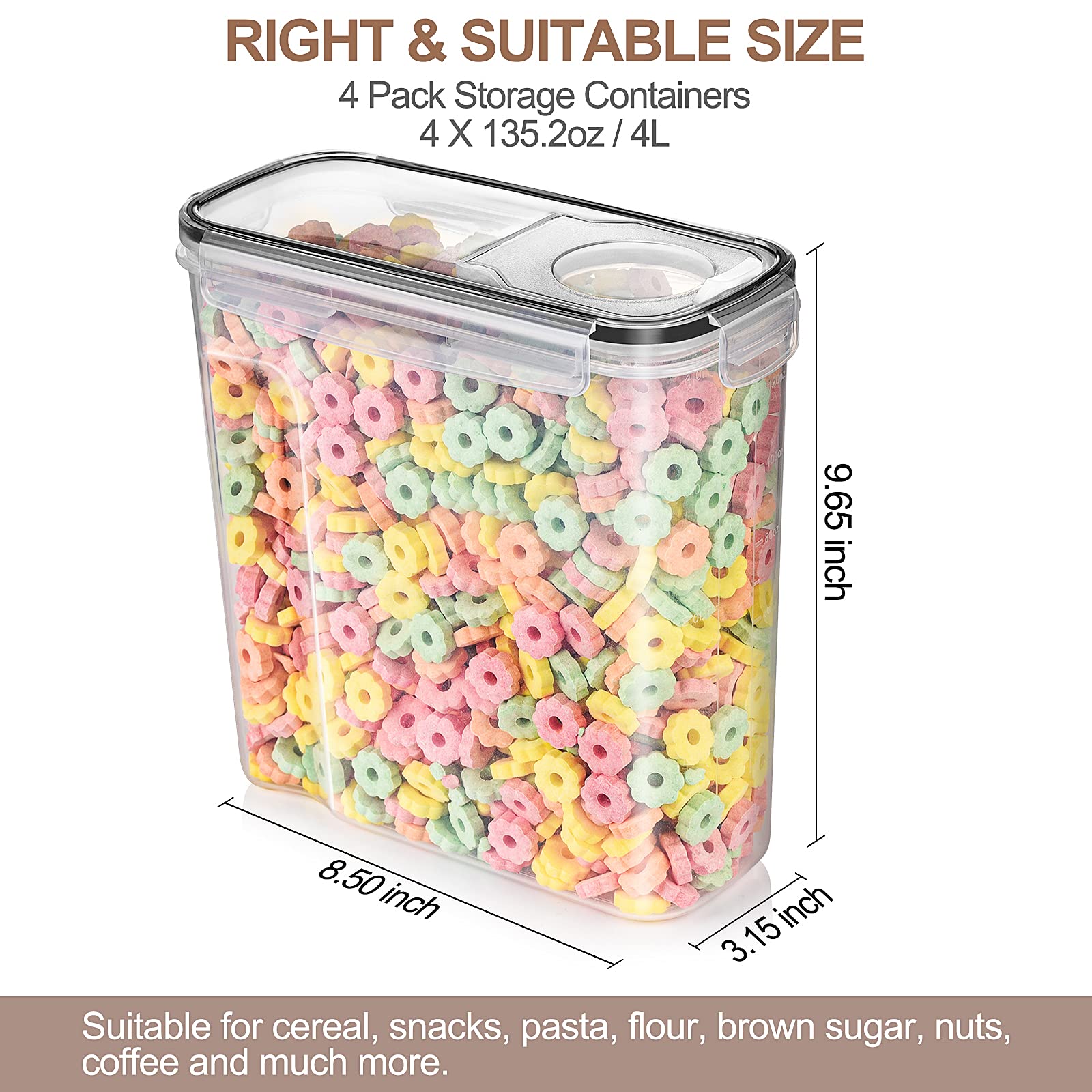 Tiawudi 4-Piece Airtight Cereal Storage Containers Set - 135.2oz/4L Each, Large Pantry Organization Containers with Labels & Measuring Spoons - Perfect for Kitchen, Pantry, and Bulk Food Storage
